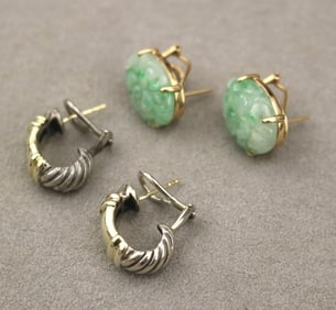 TWO PAIRS YELLOW GOLD-MOUNTED CLIP-POST EARRINGS.