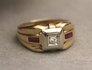 1940'S 14K YELLOW AND WHITE GOLD, DIAMOND AND SYNTHETIC RUBY RING. - Ring size: 7 1/2. Gross wt. 4