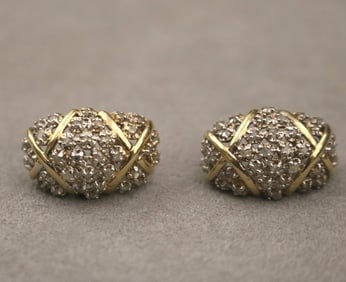 PAIR 14K YELLOW AND WHITE GOLD AND DIAMOND DOMED OBLONG EARRINGS, - L: 7/8 in.