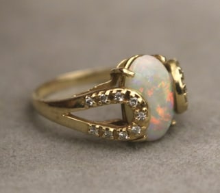 14K BRIGHT-POLISHED YELLOW GOLD, DIAMOND AND PRECIOUS WHITE OPAL RING. - Ring size: 8½.