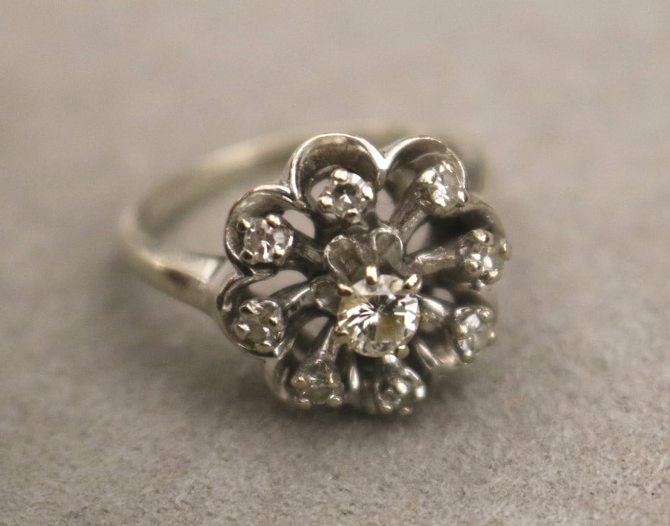 14K WHITE GOLD AND DIAMOND FLOWERHEAD DESIGN RING. - Size: 6 1/2. Gross wt. 4 dwt. (1 of 11)