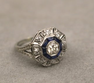 ART DECO PLATINUM, DIAMOND AND SYNTHETIC SAPPHIRE OCTAGONAL DOME RING. - Ring size: 6.
