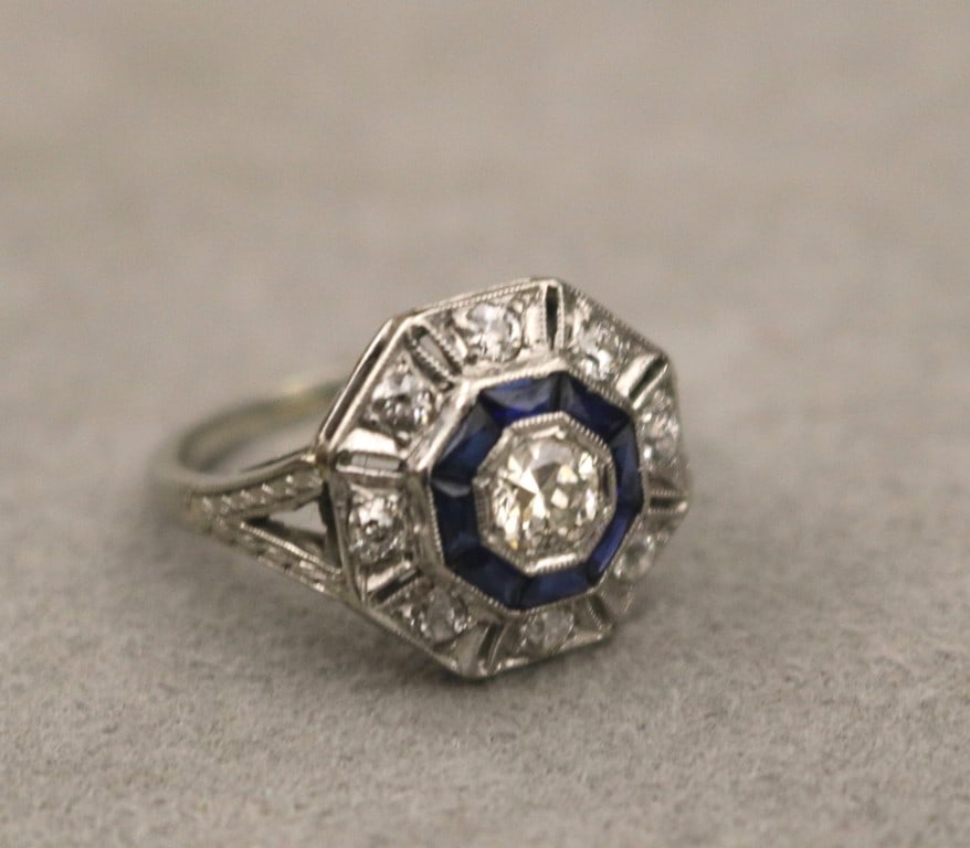 ART DECO PLATINUM, DIAMOND AND SYNTHETIC SAPPHIRE OCTAGONAL DOME RING. - Ring size: 6. (1 of 16)