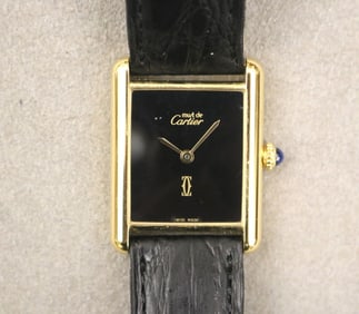 LADY'S CARTIER "MUST DE CARTIER" GOLD-PLATED STERLING SILVER TANK WRISTWATCH.