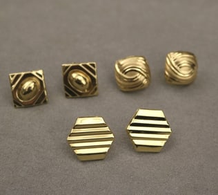 THREE PAIRS 14K BRIGHT-POLISHED YELLOW GOLD GEOMETRIC DESIGN EARRINGS WITH CLIP-POST BACKS.