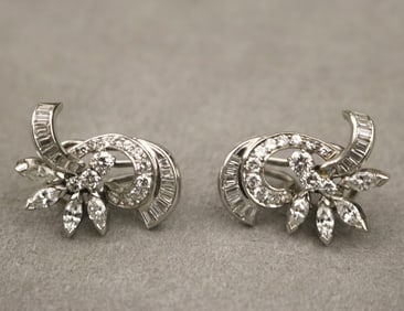PAIR PLATINUM AND DIAMOND SCROLL-AND-LEAF DESIGN EARRINGS, - L: 7/8 in.