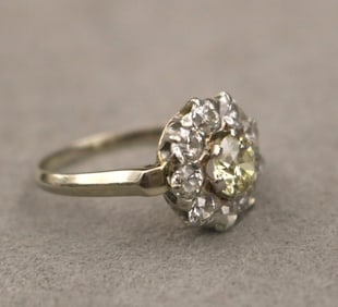 14K WHITE GOLD AND OLD EUROPEAN/OLD MINE CUT DIAMOND CLUSTER RING. - Ring size: 6 1/2.