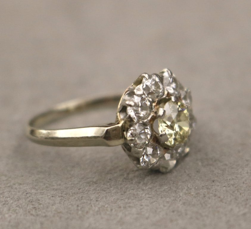 14K WHITE GOLD AND OLD EUROPEAN/OLD MINE CUT DIAMOND CLUSTER RING. - Ring size: 6 1/2. (1 of 15)