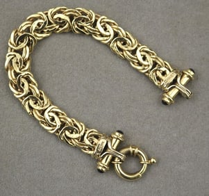 18K BRIGHT-POLISHED YELLOW GOLD BYZANTINE-LINK FLEXIBLE STRAP BRACELET, - L: 7 1/2 in. W: 1/2 in.