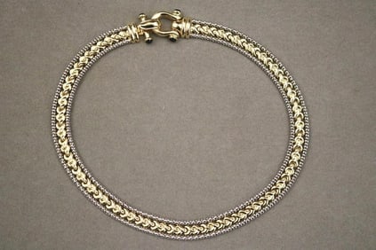 ITALIAN 14K YELLOW AND WHITE GOLD FLEXIBLE OPENWORK STRAP CHOKER, Signed "Ronco/MK". - L: 17 1/2 in.