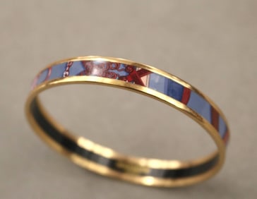 SIGNED HERMES GOLD-PLATED AND MULTI-COLOR ENAMEL CIRCULAR SLIP-ON BANGLE BRACELET,