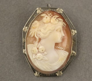 14K WHITE GOLD FRAMED CARVED OVAL SHELL CAMEO OVAL BROOCH. - L: 1 3/4 in.