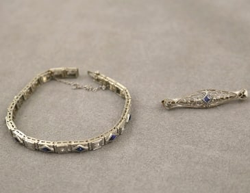 EDWARDIAN 14k WHITE GOLD FILIGREE, DIAMOND AND SYNTHETIC SAPPHIRE FLEXIBLE PANEL-LINK BRACELET, AND