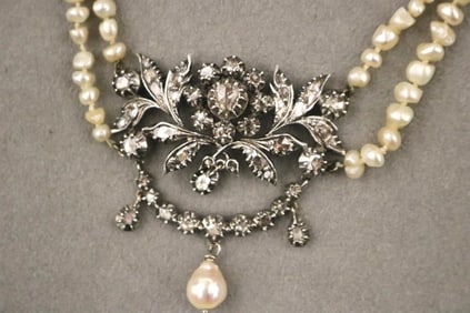 GEORGIAN SILVER, DIAMOND AND PEARL CHOKER,