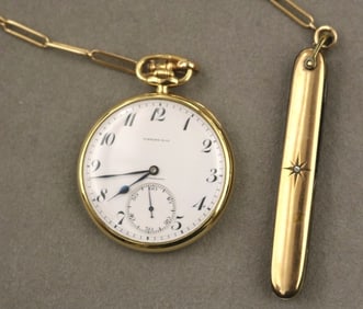 PATEK PHILIPPE & CO. MADE FOR TIFFANY & CO. 18K YELLOW GOLD OPEN-FACE POCKET WATCH ON 14K YELLOW
