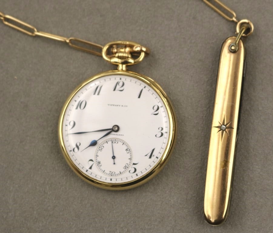 PATEK PHILIPPE & CO. MADE FOR TIFFANY & CO. 18K YELLOW GOLD OPEN-FACE POCKET WATCH ON 14K YELLOW (1 of 20)