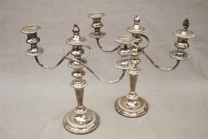 PAIR SILVER-PLATED THREE-LIGHT CANDELABRA. - H: 13 in.