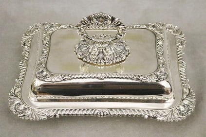 MH & CO. HEAVY SILVER-PLATED LIFT-COVER, SHAPED RECTANGULAR VEGETABLE DISH WITH KEY HANDLE. - 12 in.