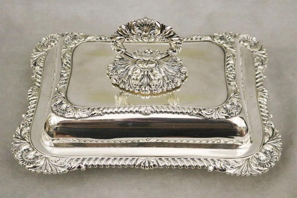 MH & CO. HEAVY SILVER-PLATED LIFT-COVER, SHAPED RECTANGULAR VEGETABLE DISH WITH KEY HANDLE. - 12 in. (1 of 7)