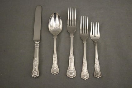 47-PIECE PARTIAL SERVICE "KINGS" PATTERN HEAVY SILVER-PLATED FLATWARE. Retailed by Mosley's.