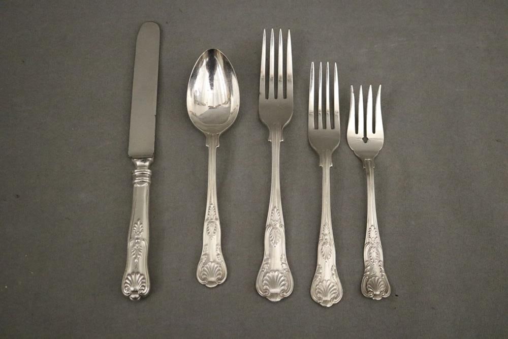 47-PIECE PARTIAL SERVICE "KINGS" PATTERN HEAVY SILVER-PLATED FLATWARE. Retailed by Mosley's. (1 of 2)