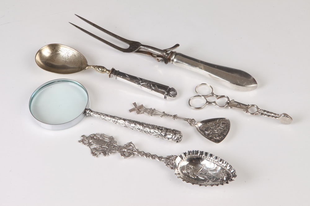 SIX ASSORTED ANTIQUE AND OTHER SILVER AND SILVER-PLATED TABLE ARTICLES, (1 of 1)