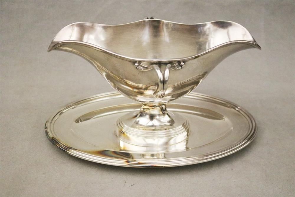 FIVE-PIECE CHRISTOFLE HEAVY SILVER-PLATED TABLEWARE, - Gravy boat, L: 10 5/8 in. Coasters, D: 6 1/8 (1 of 4)