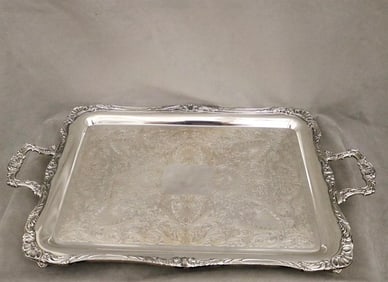 HEAVY SILVER PLATED TWO-HANDLE, SHAPED RECTANGULAR, FOOTED SERVING TRAY. - L: 22 1/4 in., between