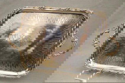 FRENCH CHRISTOFLE SILVER-PLATED TWO-HANDLE SHAPED RECTANGULAR SERVING TRAY, early 20th century. -