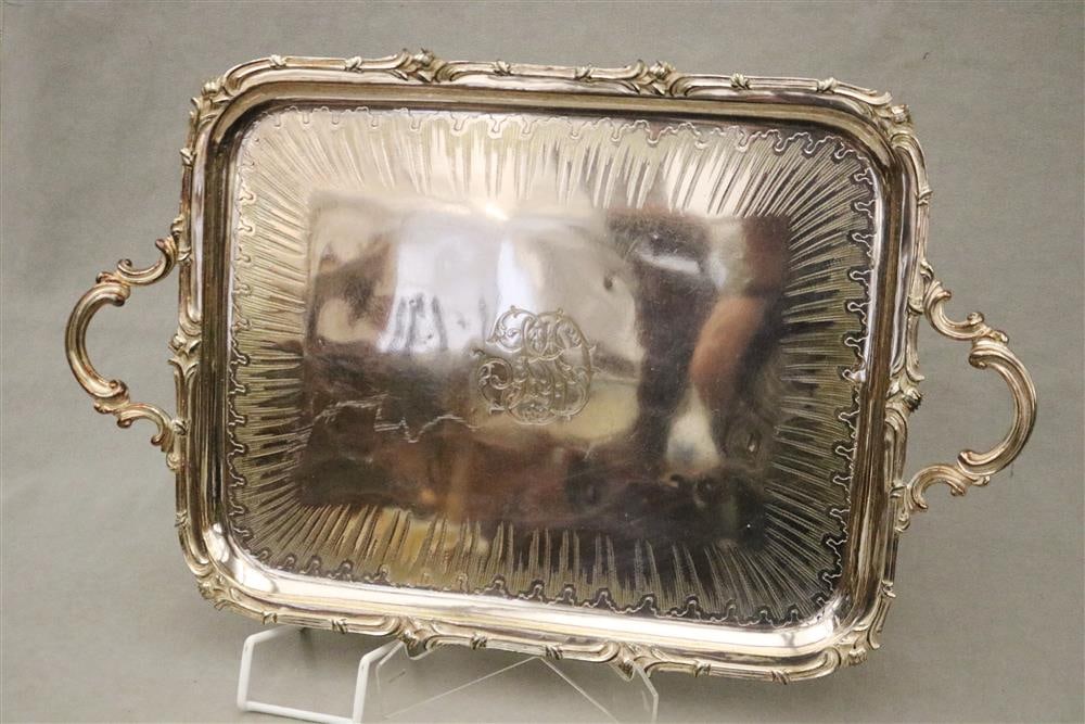FRENCH CHRISTOFLE SILVER-PLATED TWO-HANDLE SHAPED RECTANGULAR SERVING TRAY, early 20th century. - (1 of 11)