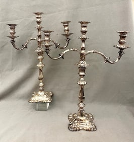 PAIR HEAVY SILVER-PLATED THREE-LIGHT CANDELABRA, - H: 24 in.