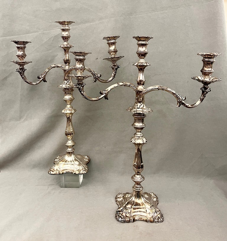 PAIR HEAVY SILVER-PLATED THREE-LIGHT CANDELABRA, - H: 24 in. (1 of 6)