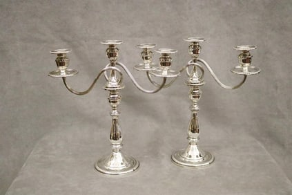 PAIR MUECK-CARY CO. (NY) WEIGHTED STERLING SILVER CANDLE STICKS WITH THREE-LIGHT CANDELABRA TOPS, -