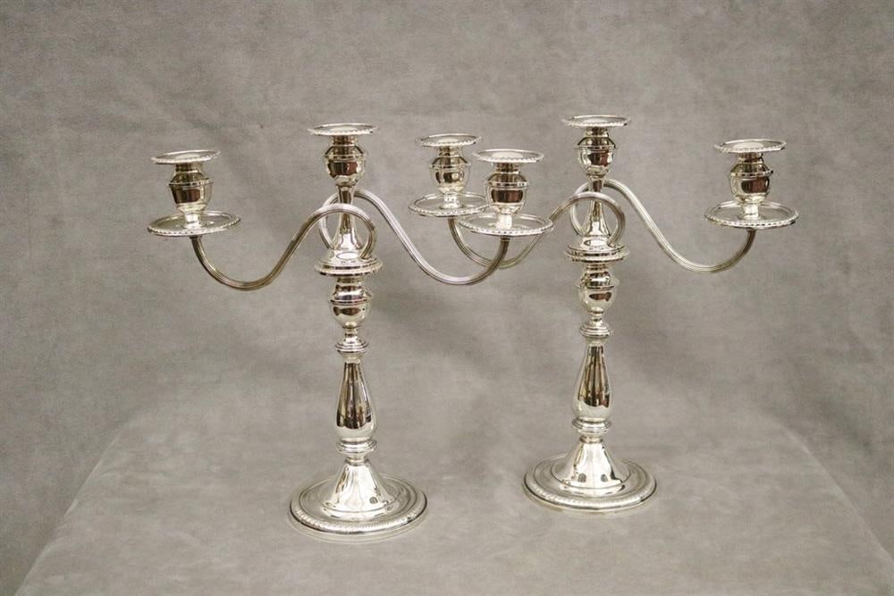 PAIR MUECK-CARY CO. (NY) WEIGHTED STERLING SILVER CANDLE STICKS WITH THREE-LIGHT CANDELABRA TOPS, - (1 of 7)
