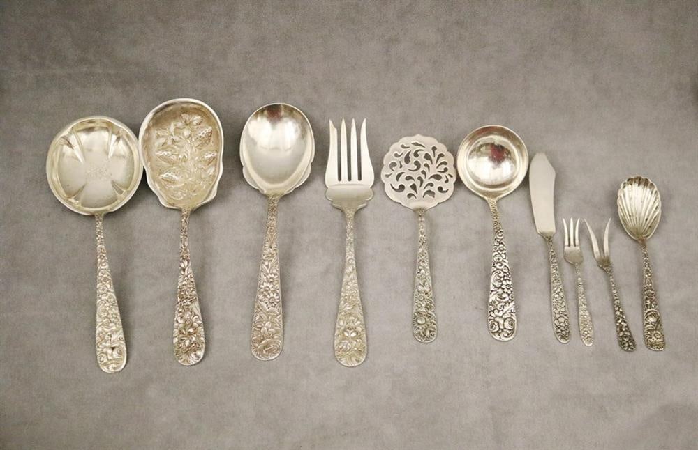 TEN ASSORTED FLORAL REPOUSSE STERLING SILVER SERVING UTENSILS BY VARIOUS MAKERS. - Wt.: 23.6 troy (1 of 8)