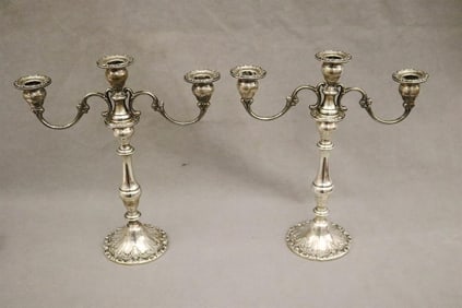 PAIR GORHAM CO. WEIGHTED STERLING SILVER THREE-LIGHT CANDELABRA CONVERTIBLE TO SINGLE CANDLESTICKS.