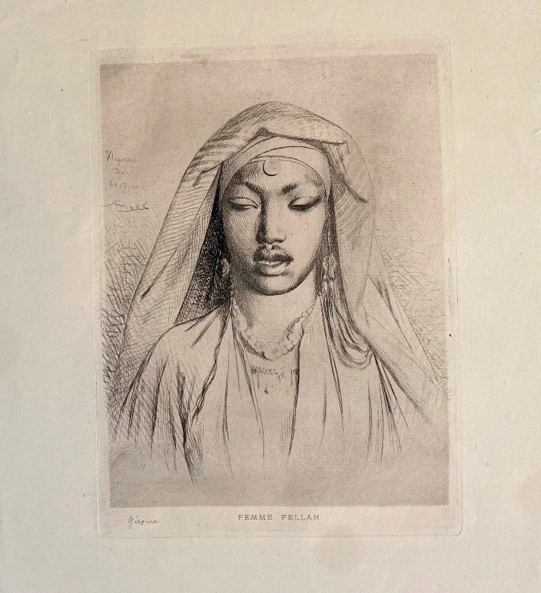 JEAN LEON GEROME (French, 1824-1904). Tete de Negresse du Hedjaz (Head of a Negress of Hejaz), circa: JEAN LEON GEROME (French, 1824-1904). Tete de Negresse du Hedjaz (Head of a Negress of Hejaz), circa 1860, Pencil signed lower left hand corner. Etching inscribed in plate: (upper left) "Negresse/ du/