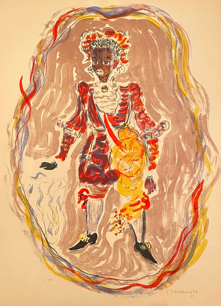 CONSTANTIN TERECHKOVITCH (Russian / French, 1902 - 1978); The Moor for the Petrushka Ballet, 1953: CONSTANTIN TERECHKOVITCH (Russian / French, 1902 - 1978). The Moor for the Petrushka Ballet, 1953, Lithograph with colors of a costume design. Pencil signed and dated lower right hand corner. The prin