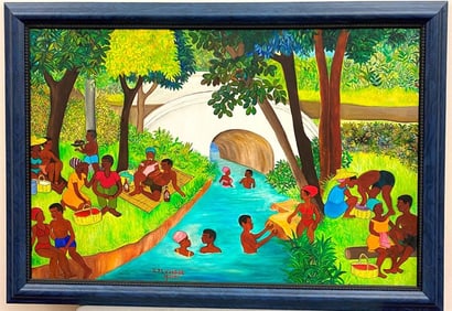 DIEUDONNE PLUVIOSE (Haitian, b. 1928). River Scene, circa 1970's, Oil on board. Signed lower left.