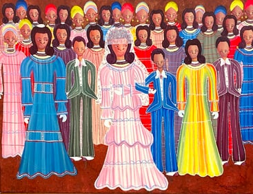 CAMY ROCHER (Haitian, 1959-1981). Wedding Scene, circa 1970's, Oil on canvas. Signed lower right.