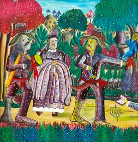 HARRY OSCAR (Haitian, b. 1948). Grand Brigitte Escorted to a Ceremony, Oil on board. Signed lower