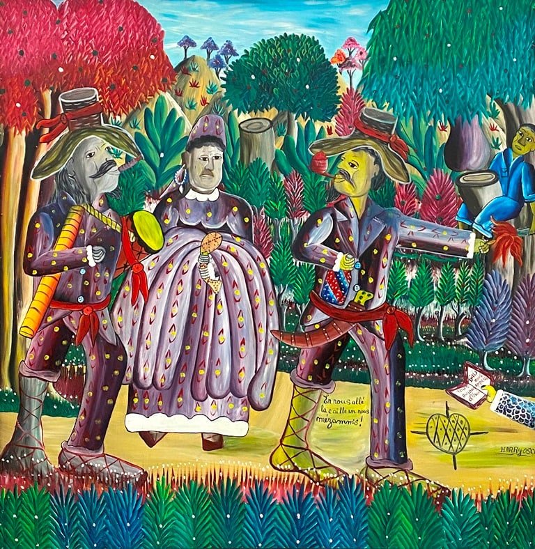 HARRY OSCAR (Haitian, b. 1948). Grand Brigitte Escorted to a Ceremony, Oil on board. Signed lower (1 of 20)