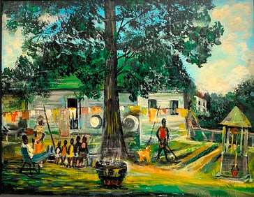 AMERICAN SCHOOL (mid 20th century). Communal Scene of African American life in a Rural Setting. Oil