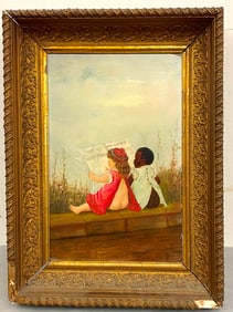 AMERICAN SCHOOL (19th century). Two young children seated side-by-side, Oil on board. The painting