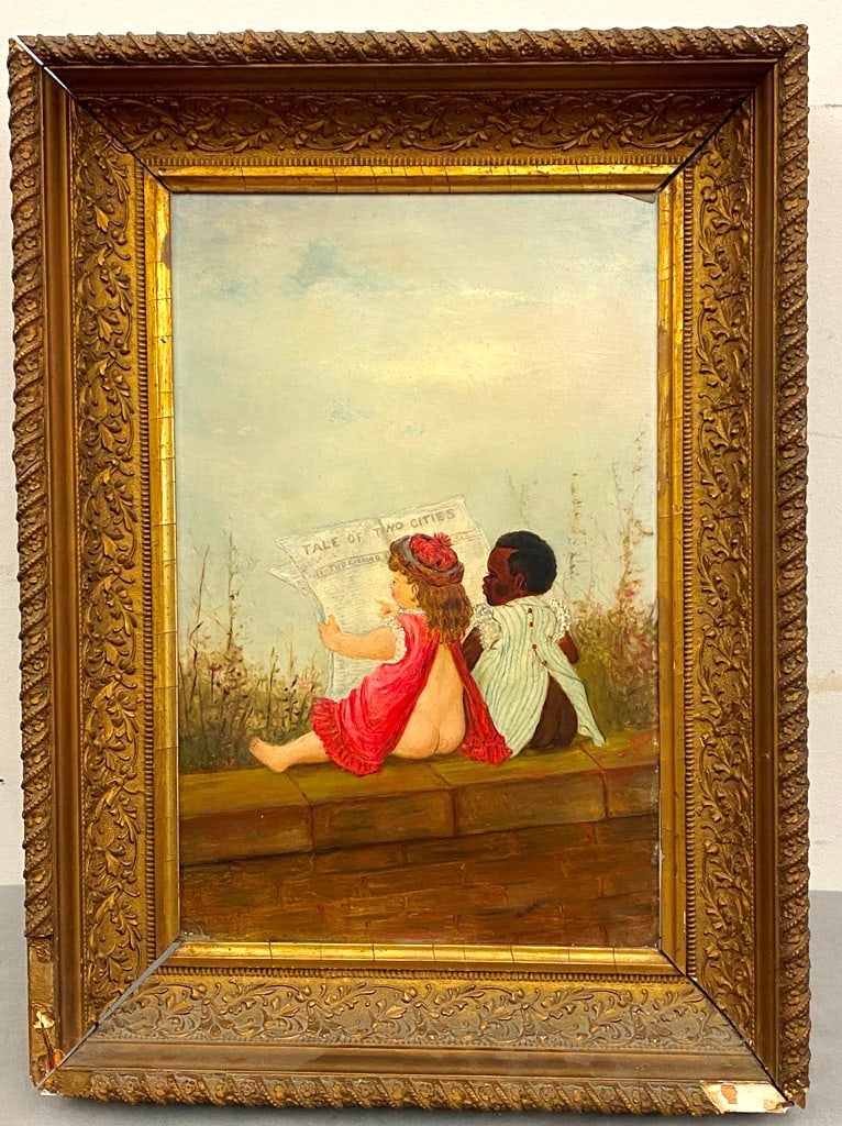 AMERICAN SCHOOL (19th century). Two young children seated side-by-side, Oil on board. The painting (1 of 20)