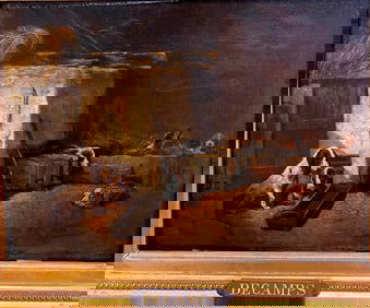 ATTRIBUTED TO ALEXANDRE-GABRIEL DECAMPS (French, 1803-1860). Dogs in a Barn, Oil on panel. Signed