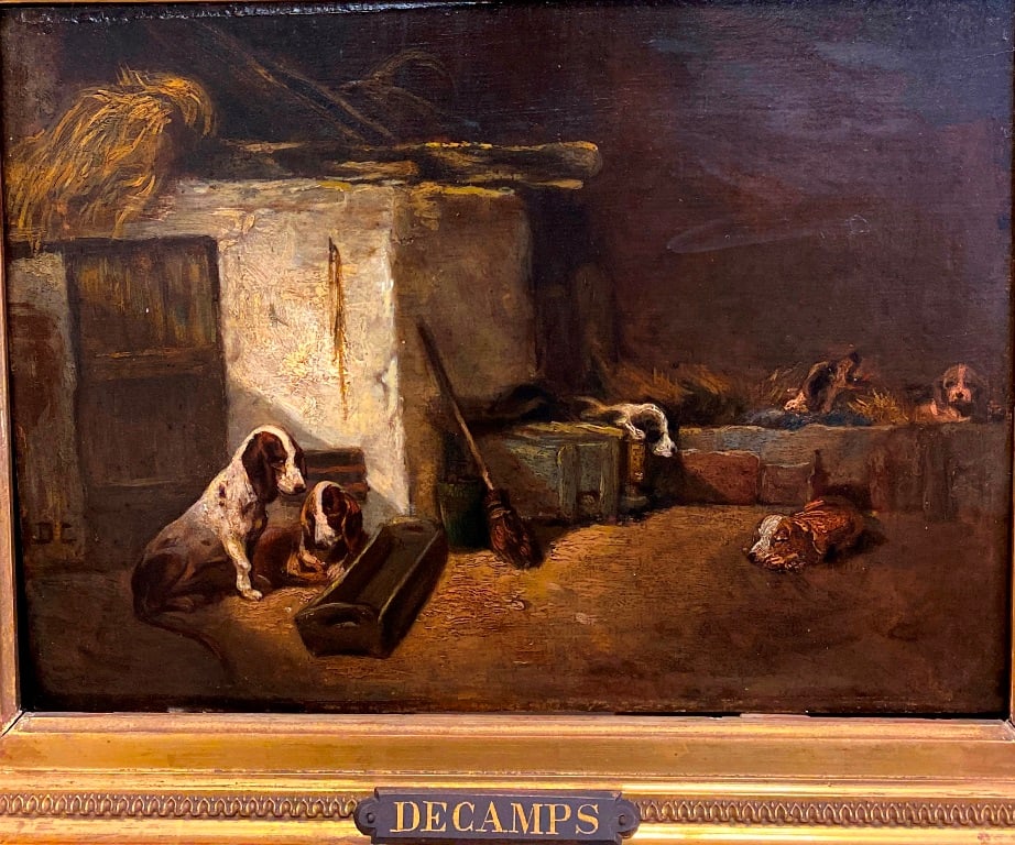 ATTRIBUTED TO ALEXANDRE-GABRIEL DECAMPS (French, 1803-1860). Dogs in a Barn, Oil on panel. Signed: ATTRIBUTED TO ALEXANDRE-GABRIEL DECAMPS (French, 1803-1860). Dogs in a Barn, Oil on panel. Signed "D.C." lower left hand corner. Verso inscription: "Monsieur Febore (pr Deschamps) No 423" and the fram