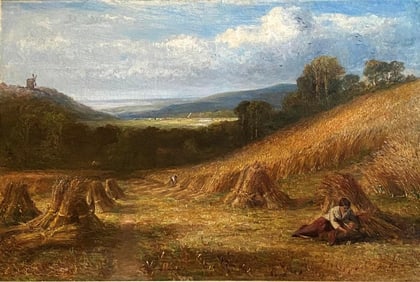 JOHN LINNELL (English, 1792-1882). The Valley of Aylesbury with a Harvest Field, Oil on canvas of an