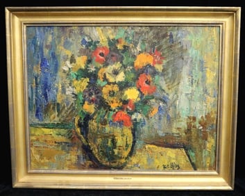 RICHARD BELLIAS (French, 1921 - 1974). Vibrant Bouquet of Flowers in a Vase, Oil on canvas. Signed