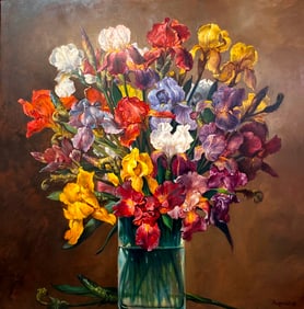 JOSEPH SHEPPARD (American, born 1930). Voluminous Bouquet of Iris Flowers, 1993, Oil on board.